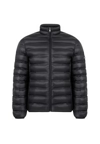 Czarna kurtka puchowa z wysokim kołnierzem, zapięciem na zamek i pikowanym designem z poziomymi przeszyciami. Gładka tekstura, lekka.