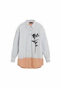 Triibuline nööpidega särk pikkade varrukatega. Hallid ja valged vertikaalsed triibud ning oranž horisontaalne alumine osa. Kaunistatud musta lillemustriga.