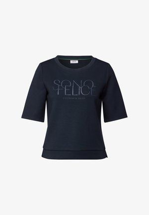 Marine sweatshirt med korte ærmer, rund hals og lige kant. Har et trykt design med teksten "SONO FELICE" og "DISCOVER & ENJOY."