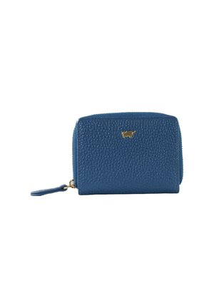 Blaues Lederportemonnaie mit strukturierter Oberfläche, Reißverschluss, goldenen Akzenten und einem kleinen dekorativen Logo auf der Vorderseite.