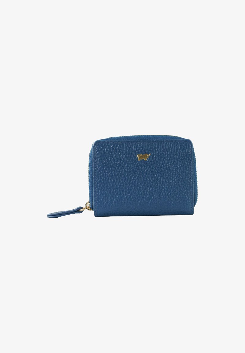 Portafoglio blu in pelle con superficie texturizzata, chiusura a zip, dettagli dorati e un piccolo logo decorativo sulla parte anteriore.