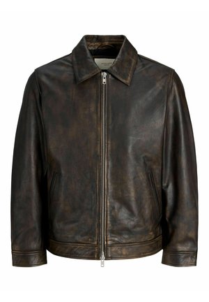 Dark brown vintage-style leather jacket with front zipper, shirt collar, and side pockets, displayed on a white background.