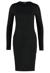 Robe noire côtelée à manches longues avec un col rond et une silhouette ajustée, présentant une texture lisse et une longueur jusqu'aux genoux.