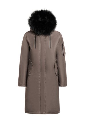 Hnědá parka s černou umělou kožešinou na kapuci, obsahující boční kapsu na zip, přední knoflíky a hladkou, lesklou texturu.