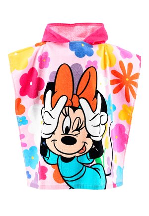 Children’s hooded towel poncho featuring a winking Minnie Mouse with a large orange bow and colorful floral background.
