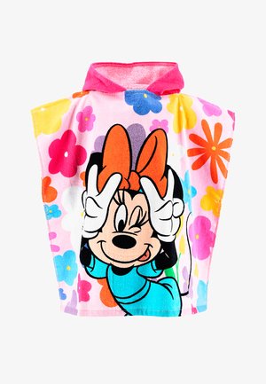 Children’s hooded towel poncho featuring a winking Minnie Mouse with a large orange bow and colorful floral background.