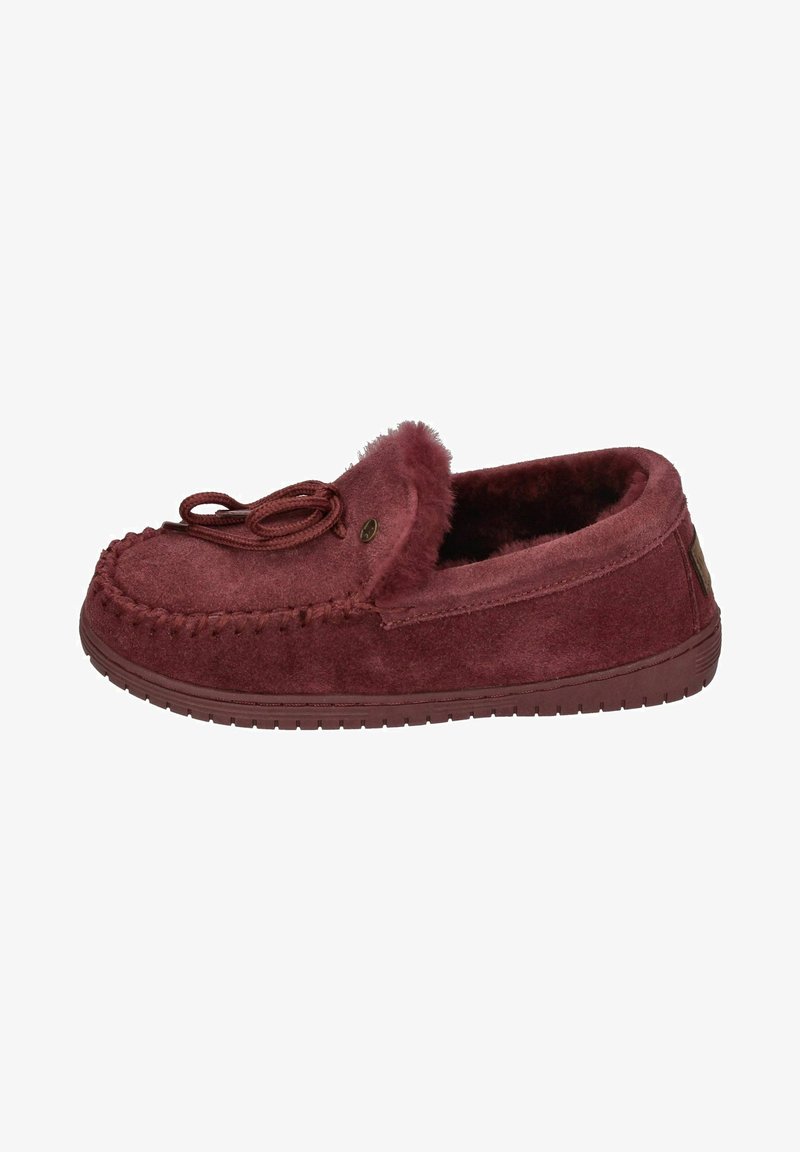 Burgundy suede slipper with a fur lining, lace detailing, and a flat rubber sole. Features stitching accents along the edge.