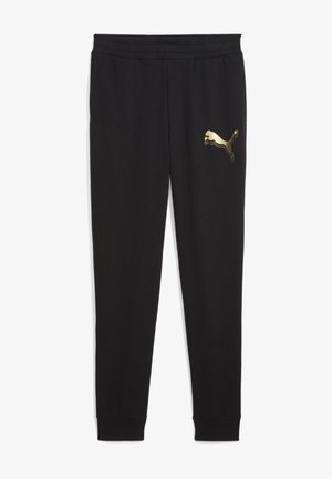 Mustad mustad püksid kullatud Puma logoga. Valmistatud pehmest kangast, neil on elastne vöökoht ja kitsenevad säärtega varrukad, millel on mansetid.