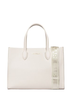 Sac cabas en cuir blanc avec deux poignées et une large bandoulière sur le côté affichant "MARC ELLIS" en lettres dorées claires.