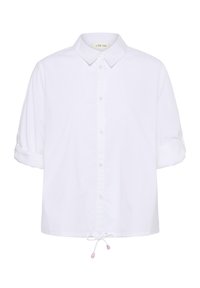 Valge nööbitav särk kraega, keskmise pikkusega üles keeratud varrukatega ning reguleeritava nööriga alumises ääres, mille otsad on roosad.