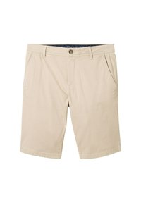 Shorts en coton beige avec une fermeture à bouton, deux poches latérales et une coupe droite. Texture lisse avec des détails de couture minimaux.