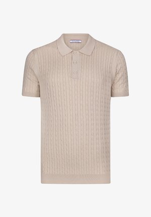 Beež loodud polo särk lühikeste varrukatega, millel on nööriga kudumise tekstuur, kolm nupu aukku ja soonikkoes krae ja varrukad.