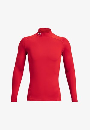 Maglietta sportiva rossa a maniche lunghe realizzata in materiale elastico, dotata di un colletto alto e cuciture piatte per comfort e prestazioni.