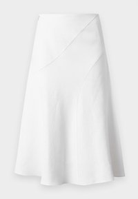 Weißer A-Linien-Rock mit asymmetrischen Nahtdetails, knielang, aus glattem Stoff.