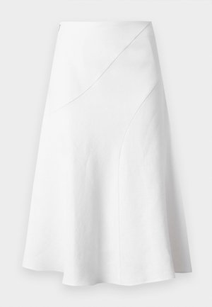 Biela sukňa do A s asymetrickými švami, po kolená, vyrobená z hladkej látky.