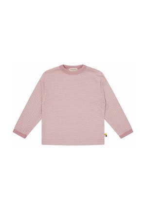 Maglietta a maniche lunghe per bambino con strisce orizzontali rosa e bianche e polsini e scollo a coste, distesa su sfondo bianco.