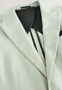 Light green blazer with a textured fabric. Features a black inner collar and a single notch lapel. Clean lines and tailored shape.