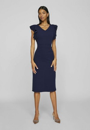 Vestido midi azul marino en tejido elástico, con mangas acampanadas y un escote en V, con un diseño ajustado y bajo a la altura de la rodilla.