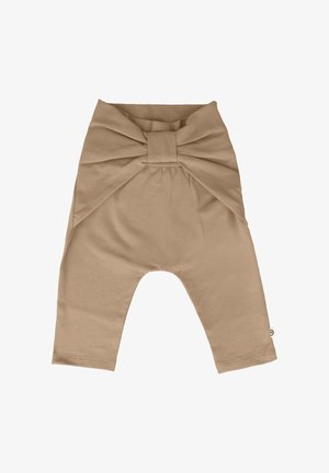 Béžové bavlněné kalhoty s velkou mašlí v pase, tapered nohavice a hladký povrch. Na boku se nachází malý štítek.