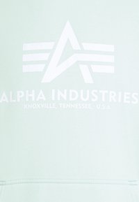 Felpa verde chiaro con una texture liscia, caratterizzata da un grande logo bianco e dal testo "ALPHA INDUSTRIES" con il nome di una città sottostante.