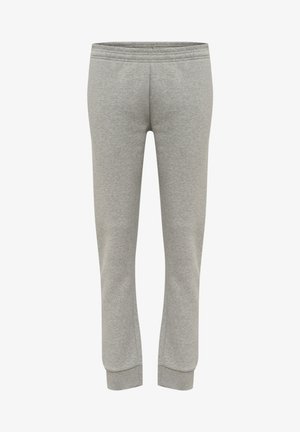 Grå sweatpants med en elastisk midja, indragna ben och ribbade cuffs. Tillverkade av ett mjukt bomullsmaterial med en slät textur.