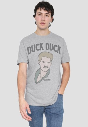 Gray cotton t-shirt featuring "DUCK DUCK" text and an illustration of a character in a green jacket, with a classic crew neck design.