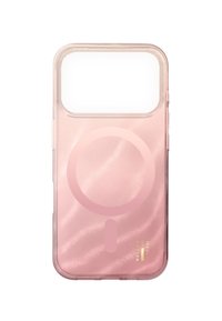 Klar rosa telefondeksel med bølget tekstur, en sirkulær magnetisk designdetalj og gullfarget tekst. Minimalistisk design med en gjennomsiktig kant.
