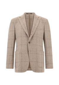 Beige geruite blazer met reverkraag, twee zakken aan de voorkant en een enkele knoopsluiting. De textuur van de stof geeft het ontwerp diepte.