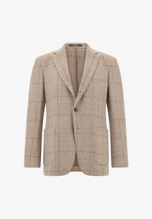 Smėlio spalvos languotas švarkas su išpjautomis atlapomis, dviem priekinėmis kišenėmis ir viena sagos užsegimu. Audinio tekstūra suteikia dizainui gilumo.