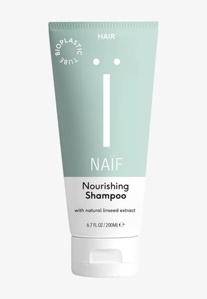 Röhre mit Naïf nährendem Shampoo mit natürlichem Leinsamenextrakt, 200 ml, hellgrüne und weiße Verpackung mit Aufschrift für Haarpflege.
