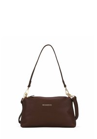 Bolso de mano de cuero marrón con una superficie texturizada, que cuenta con una correa de hombro desmontable y detalles en hardware dorado. Nombre de la marca "BOSANOVA" exhibido.