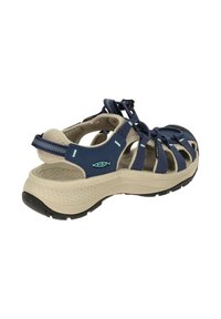 Sport sandals in navy and khaki, featuring synthetic upper with open design, adjustable strap, rubber sole, and textured footbed.