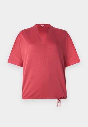 Rotes Kurzarmoberteil mit V-Ausschnitt und Kordelzugsaum. Aus einem weichen Material gefertigt, mit lockerer Passform und minimalen Nähten.