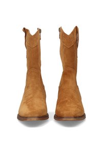 Botas de tobillo de gamuza color beige con punta afilada, costuras decorativas, tiradores laterales y un tacón bajo apilado. Textura suave con un acabado mate.