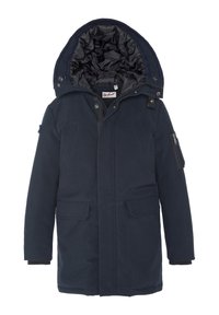 Parka in blu navy per l'inverno con cappuccio trapuntato, molteplici tasche, chiusura frontale con cerniera e texture del tessuto adatta per il freddo.