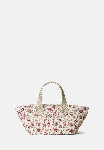 Gėlėtas švelnaus kremo spalvos siuvinėtas rankinė su bordo ir mėlynomis gėlėmis. Turi dvi tekstūruotas audinio rankenas ir erdvią, struktūruotą formą.