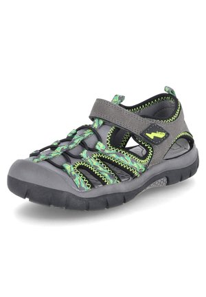 Grau-grüne Sandale mit geschlossenem Zehenbereich, verstellbarem Riemen, Gummisohle und atmungsaktivem Cut-out-Design für Outdoor-Aktivitäten.