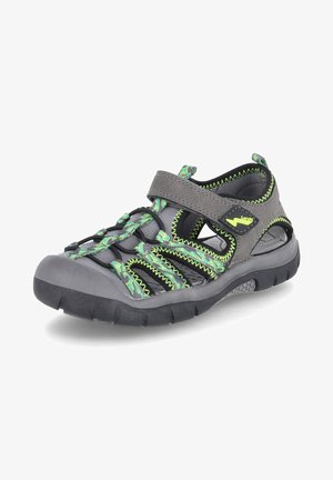 Sandalo grigio e verde con punta chiusa, cinturino regolabile, suola in gomma e design traforato traspirante per attività all'aperto.