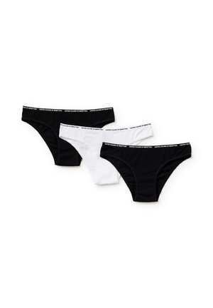 Three pairs of cotton panties in black and white. Each features a contrasting waistband with "UNITED COLORS OF BENETTON" printed.