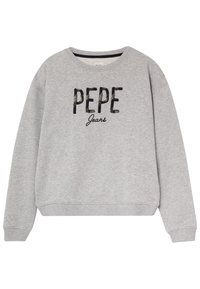 Szara bluza wykonana z mieszanki bawełny. Posiada nadruk "PEPE Jeans" w wyrazistych literach z teksturowanym wykończeniem. Ribowane mankiety i dół.