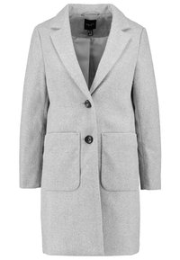 Gray wool blend coat with notched lapels, two front pockets, and a single button closure. Smooth lining and a tailored fit.