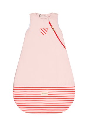 Pink sleeveless baby sleeping bag with red striped bear patch, diagonal red zipper, and red and white striped bottom section.