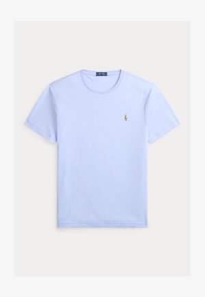T-shirt bleu clair à manches courtes et col rond avec un petit logo Polo Ralph Lauren brodé sur la poitrine gauche.
