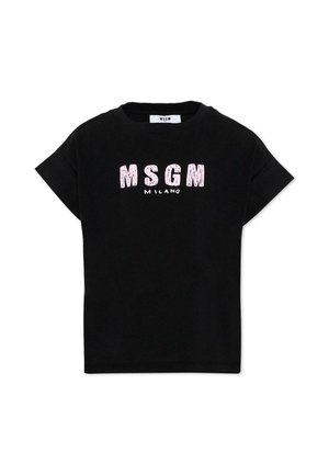 Camiseta negra de manga corta con el texto MSGM MILANO en rosa estampado en el pecho, mostrada sobre fondo blanco.