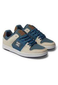 Blue and cream sneakers featuring suede and canvas materials, with padded tongue, rubber sole, and logo accent on the side.