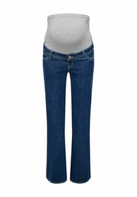 Jeans de maternidad con un panel de abdomen elástico en gris claro, denim azul oscuro, diseño de pierna acampanada, bolsillos delanteros y detalles de costura sutiles.