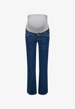 Jeans de maternidad con un panel de abdomen elástico en gris claro, denim azul oscuro, diseño de pierna acampanada, bolsillos delanteros y detalles de costura sutiles.