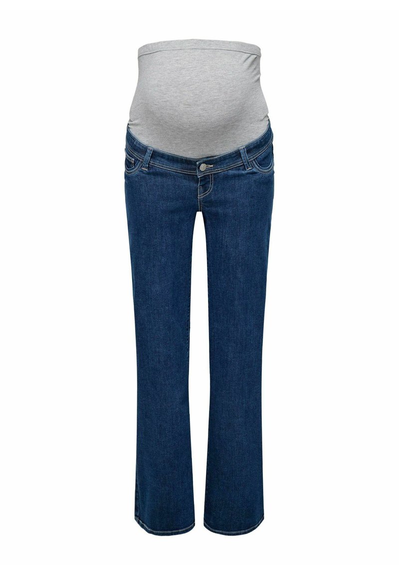 Jeans de maternidad con un panel de abdomen elástico en gris claro, denim azul oscuro, diseño de pierna acampanada, bolsillos delanteros y detalles de costura sutiles.