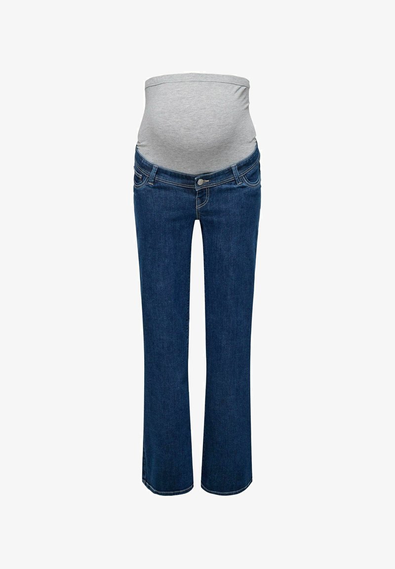 Jeans de maternidad con un panel de abdomen elástico en gris claro, denim azul oscuro, diseño de pierna acampanada, bolsillos delanteros y detalles de costura sutiles.