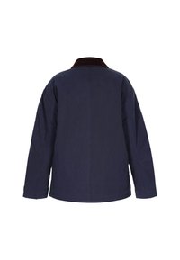 Mørkeblå jakke lavet af tekstureret stof, med en brun krave, afslappet pasform og sænkede skuldre. Bagsiden har et minimalistisk design uden udsmykninger.